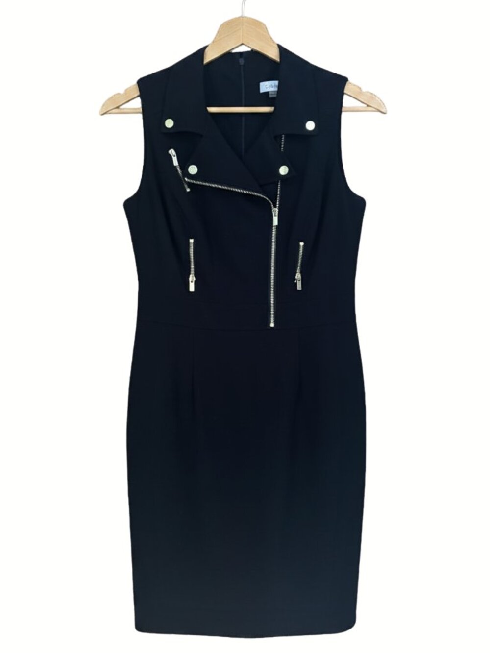 Calvin Klein Size 8 Black Moto Zip Ponte Sheath Dress Gold Hardware Buckle